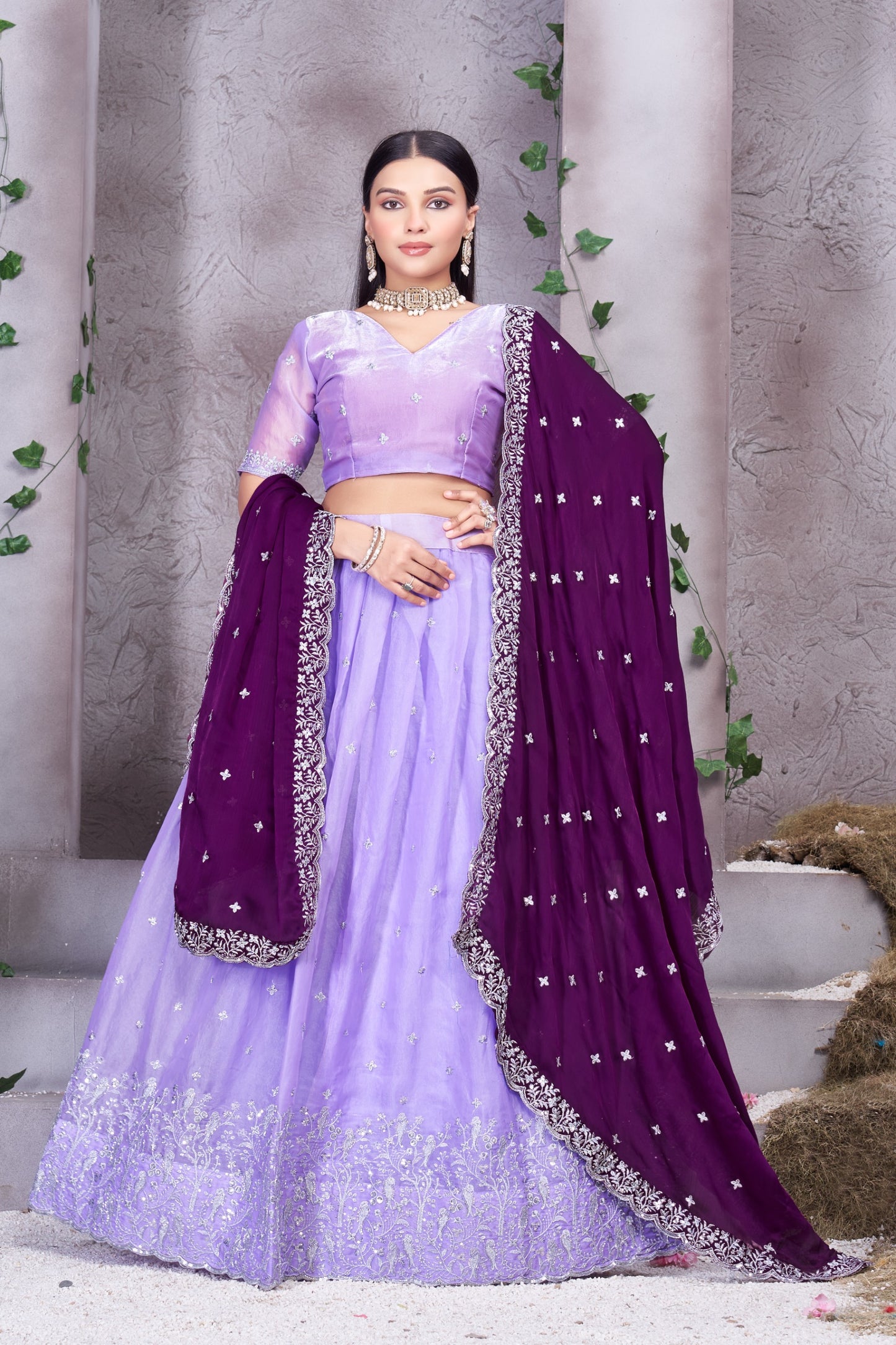 Lavender Embroidered Lehenga Set with & Blouse(Unstitched) Contrast Purple Dupatta
