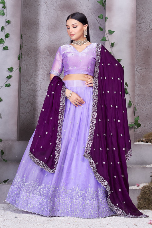 Lavender Embroidered Lehenga Set with & Blouse(Unstitched) Contrast Purple Dupatta