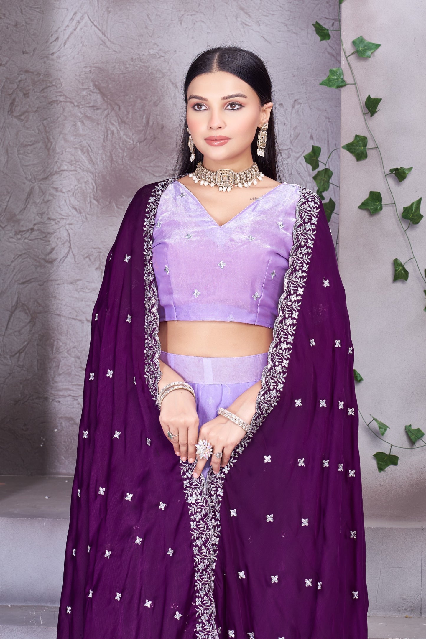 Lavender Embroidered Lehenga Set with & Blouse(Unstitched) Contrast Purple Dupatta