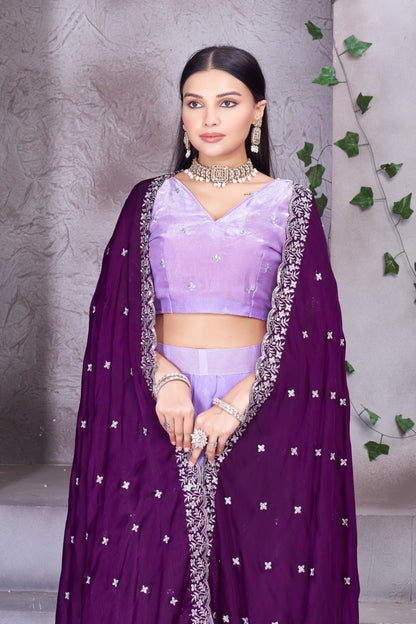 Lavender Embroidered Lehenga Set with & Blouse(Unstitched) Contrast Purple Dupatta