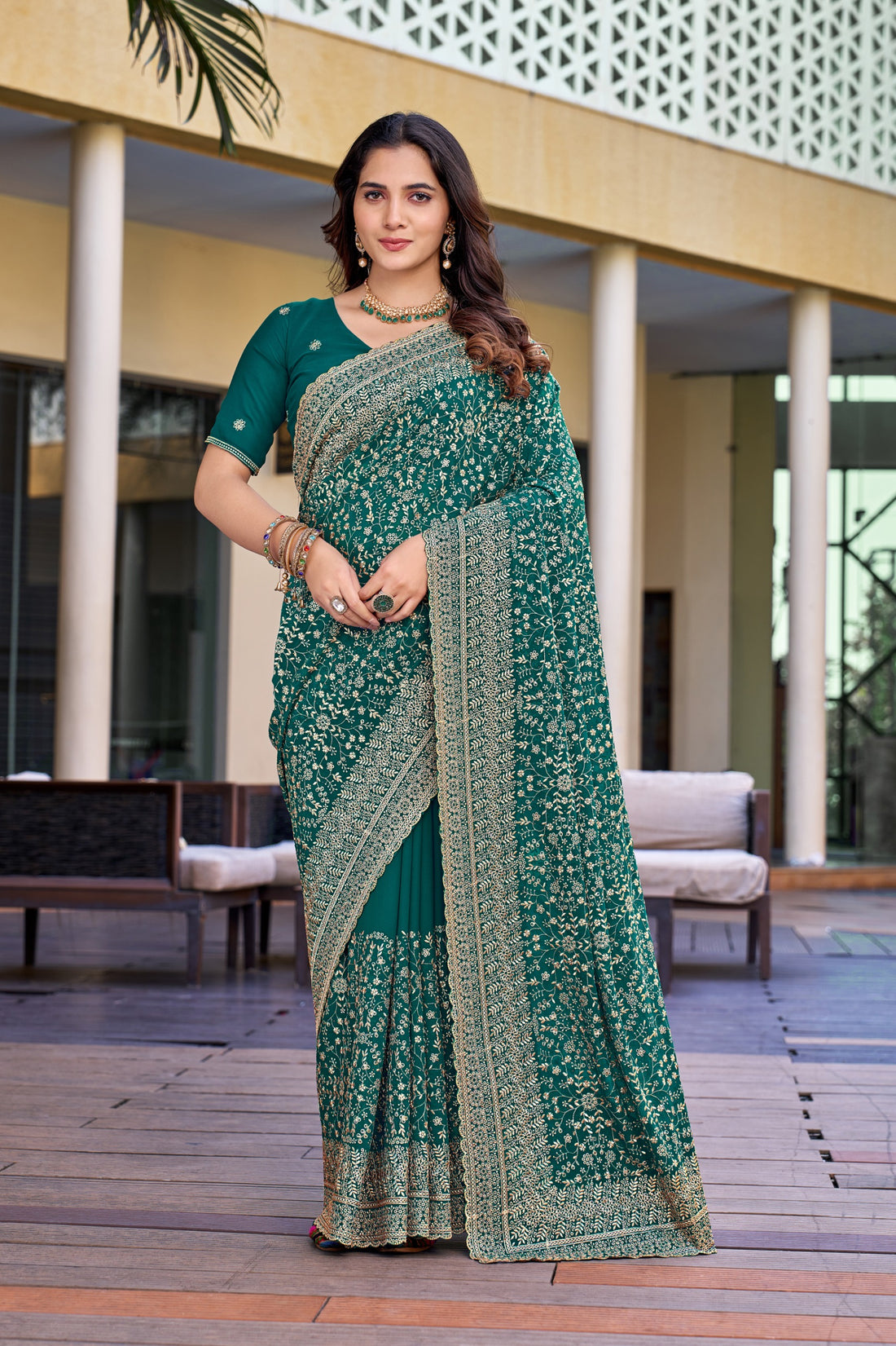 Green Embroidered Saree Front View