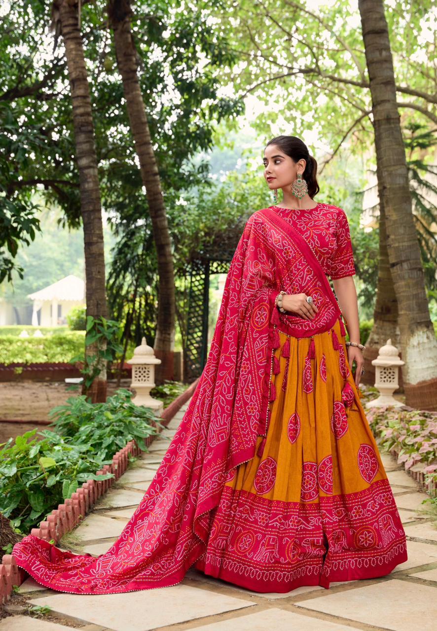 ATTRACTIVE PINK BANDHANI PRINTED TUSSAR SILK FESTIVAL WEAR LEHENGA CHOLI