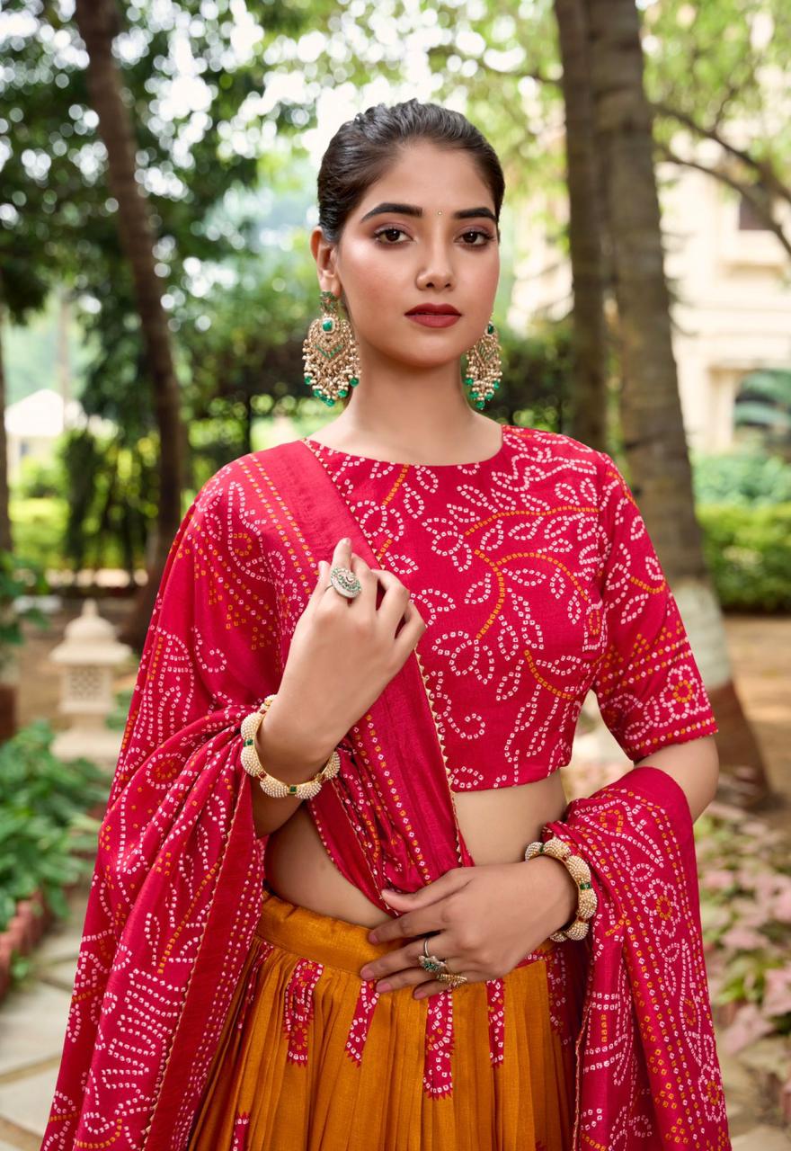 ATTRACTIVE PINK BANDHANI PRINTED TUSSAR SILK FESTIVAL WEAR LEHENGA CHOLI