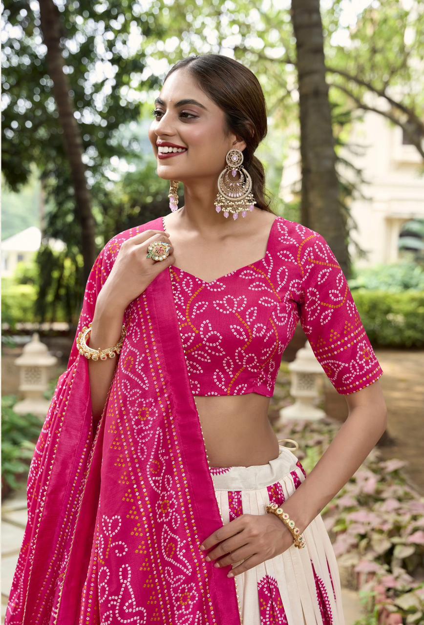 Printed Ready to Wear Bandhej Lehenga Choli & Unstitched Blouse With Dupatta