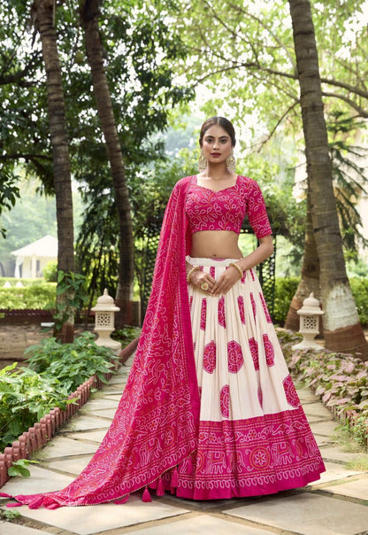 Printed Ready to Wear Bandhej Lehenga Choli & Unstitched Blouse With Dupatta