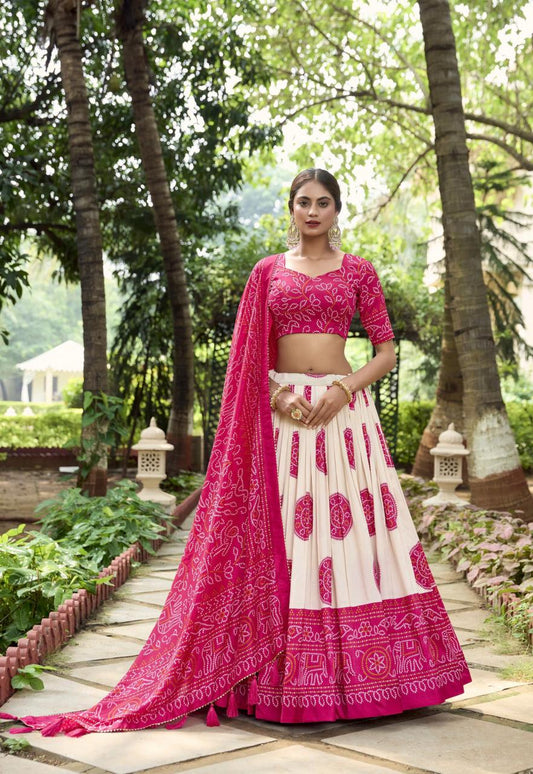 Printed Ready to Wear Bandhej Lehenga Choli & Unstitched Blouse With Dupatta