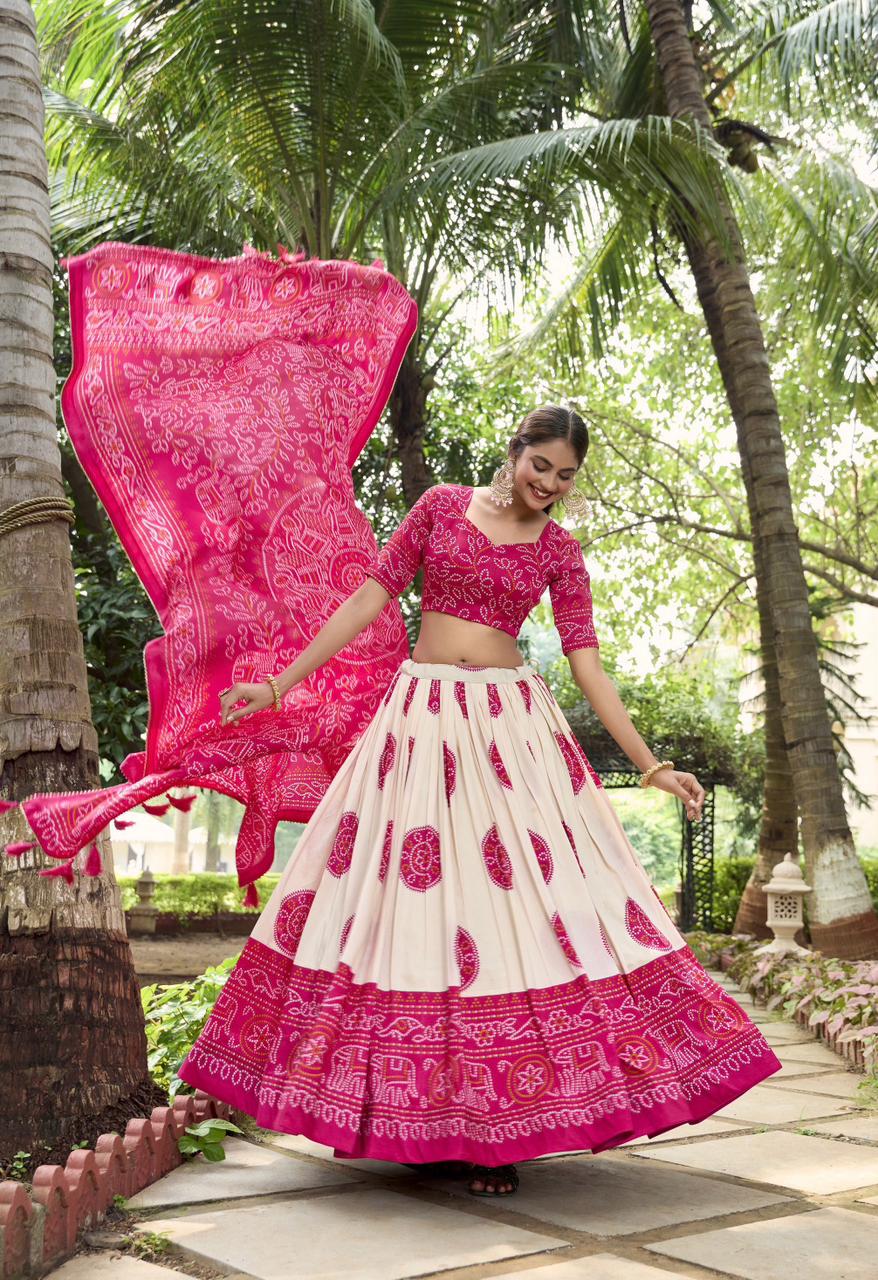 Printed Ready to Wear Bandhej Lehenga Choli & Unstitched Blouse With Dupatta