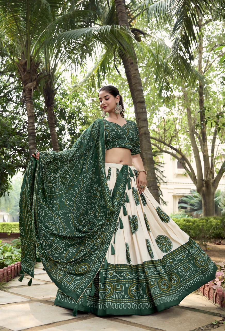 Women's Wear Bandhej Printed Tussar Silk Lehenga Choli