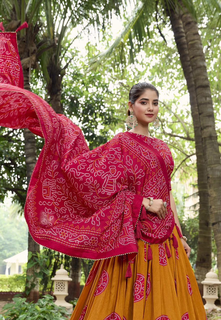 ATTRACTIVE PINK BANDHANI PRINTED TUSSAR SILK FESTIVAL WEAR LEHENGA CHOLI