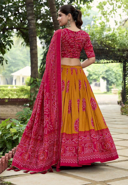ATTRACTIVE PINK BANDHANI PRINTED TUSSAR SILK FESTIVAL WEAR LEHENGA CHOLI
