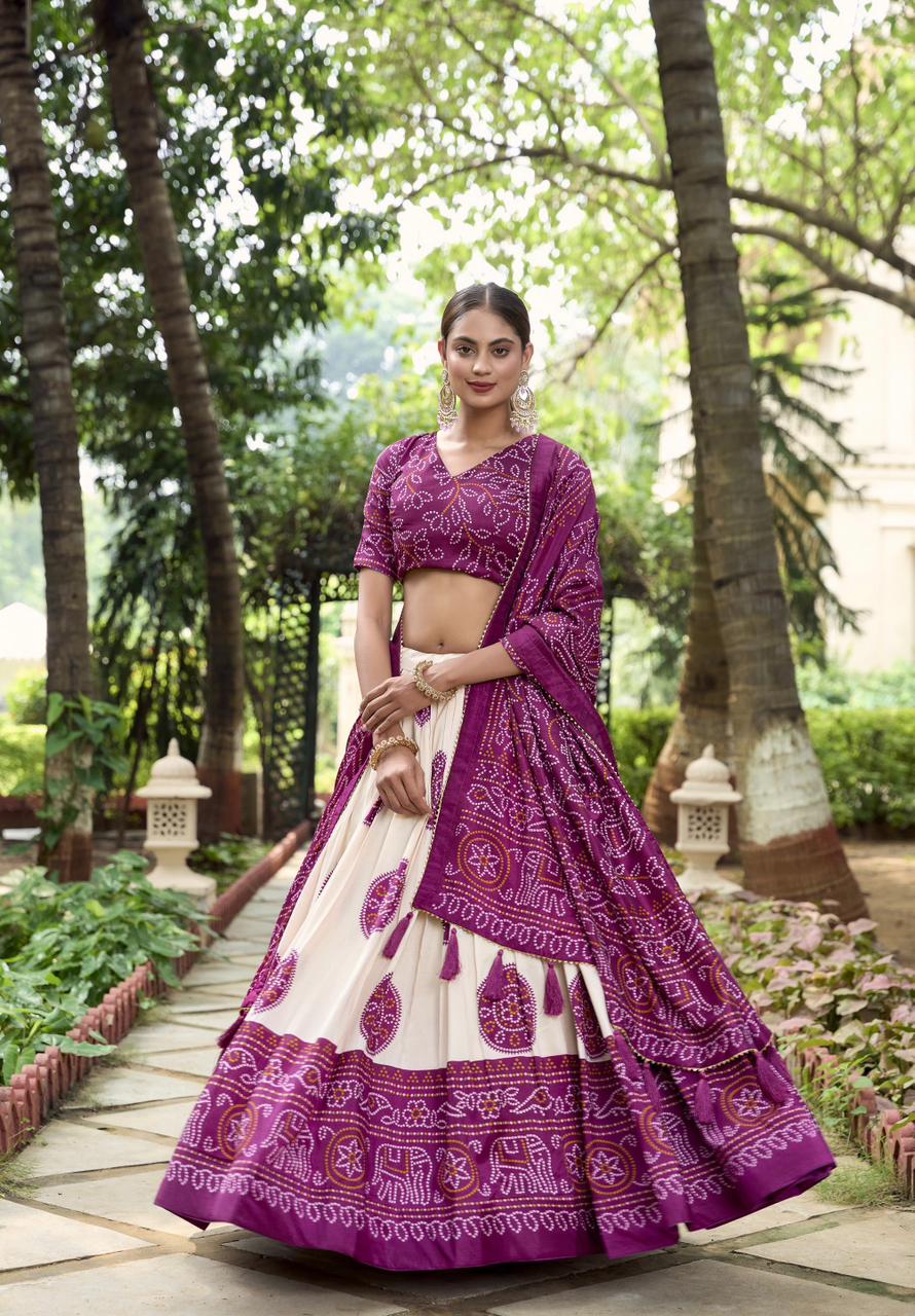 White Dola Silk Lehenga Choli with Purple Blouse & Dupatta | Bandhej & Patola Print