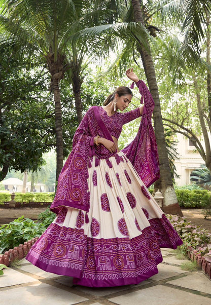 White Dola Silk Lehenga Choli with Purple Blouse & Dupatta | Bandhej & Patola Print