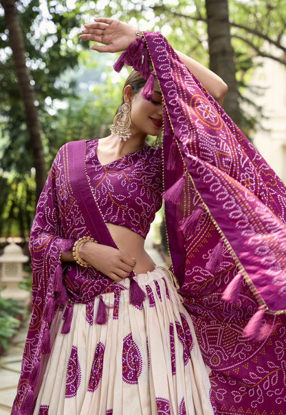 White Dola Silk Lehenga Choli with Purple Blouse & Dupatta | Bandhej & Patola Print