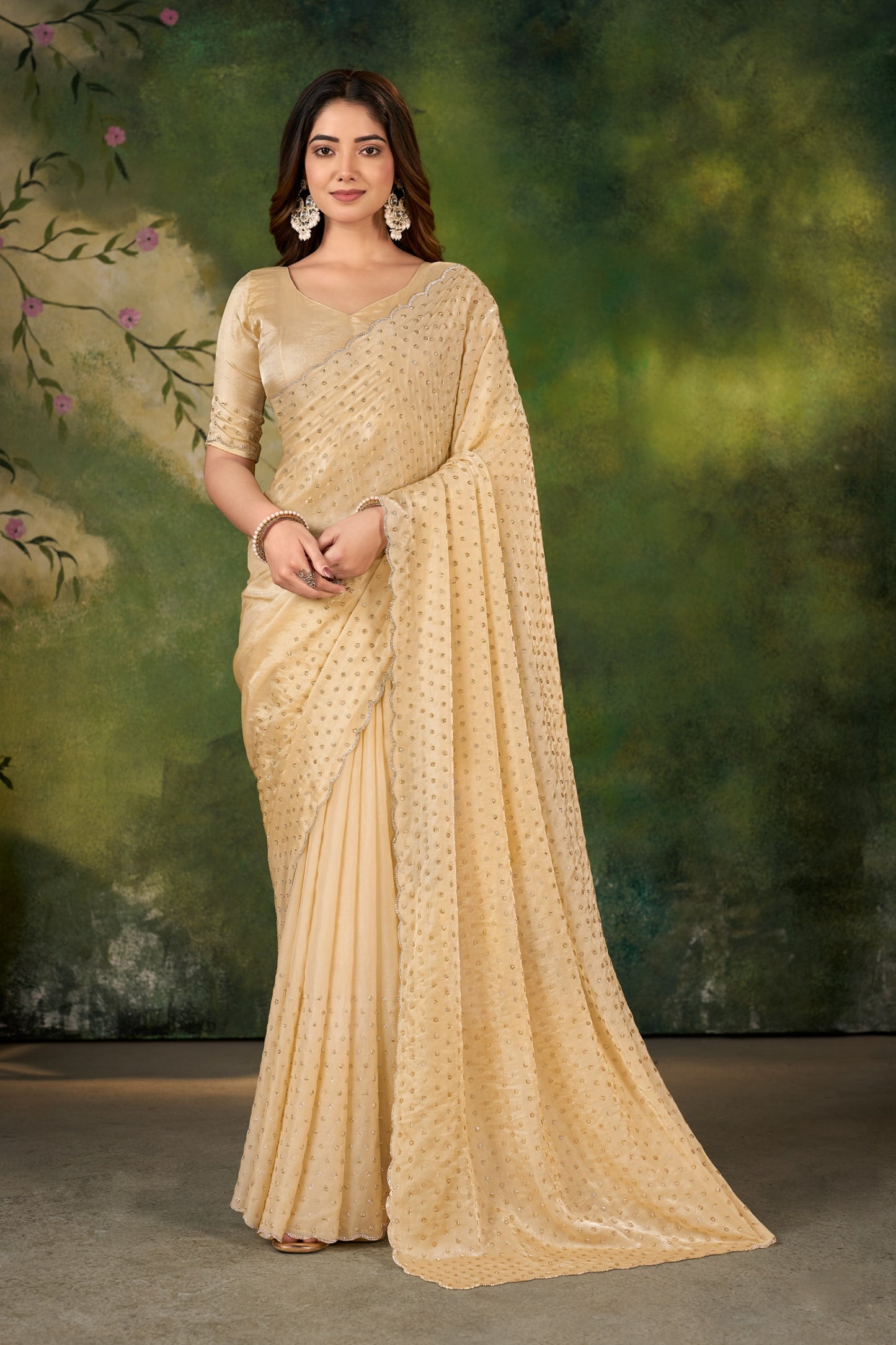 Premium Light Gold Designer Saree with Stone Work Border – Party Wear & Wedding Collection | ANGJOTI