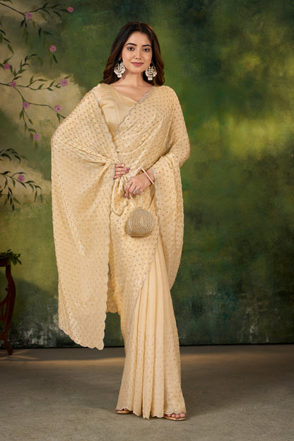 Premium Light Gold Designer Saree with Stone Work Border – Party Wear & Wedding Collection | ANGJOTI