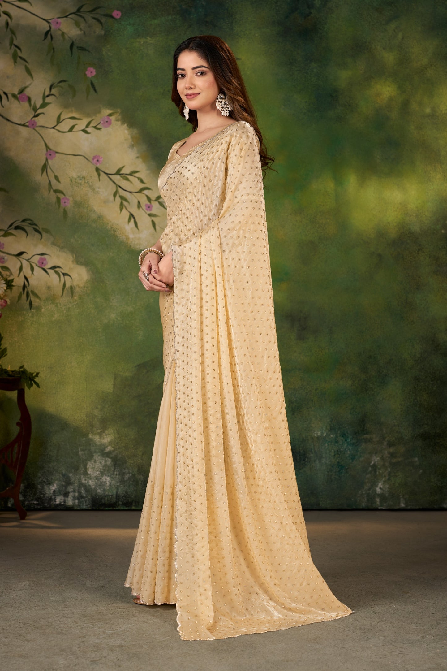 Premium Light Gold Designer Saree with Stone Work Border – Party Wear & Wedding Collection | ANGJOTI