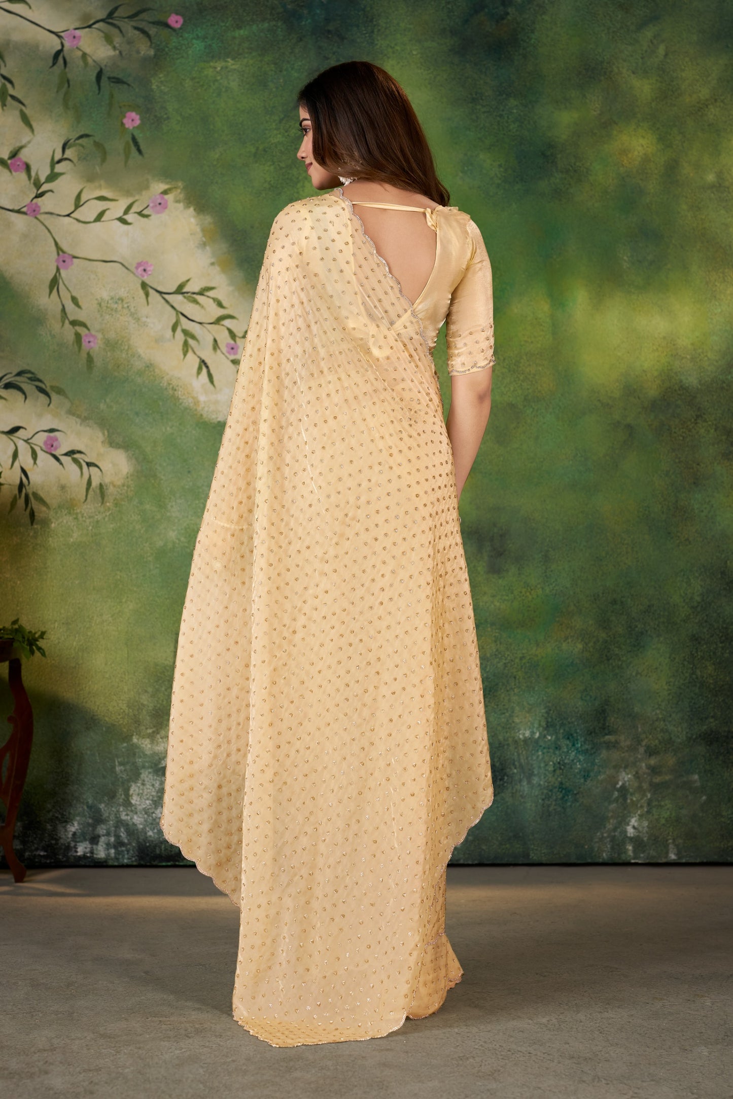 Premium Light Gold Designer Saree with Stone Work Border – Party Wear & Wedding Collection | ANGJOTI