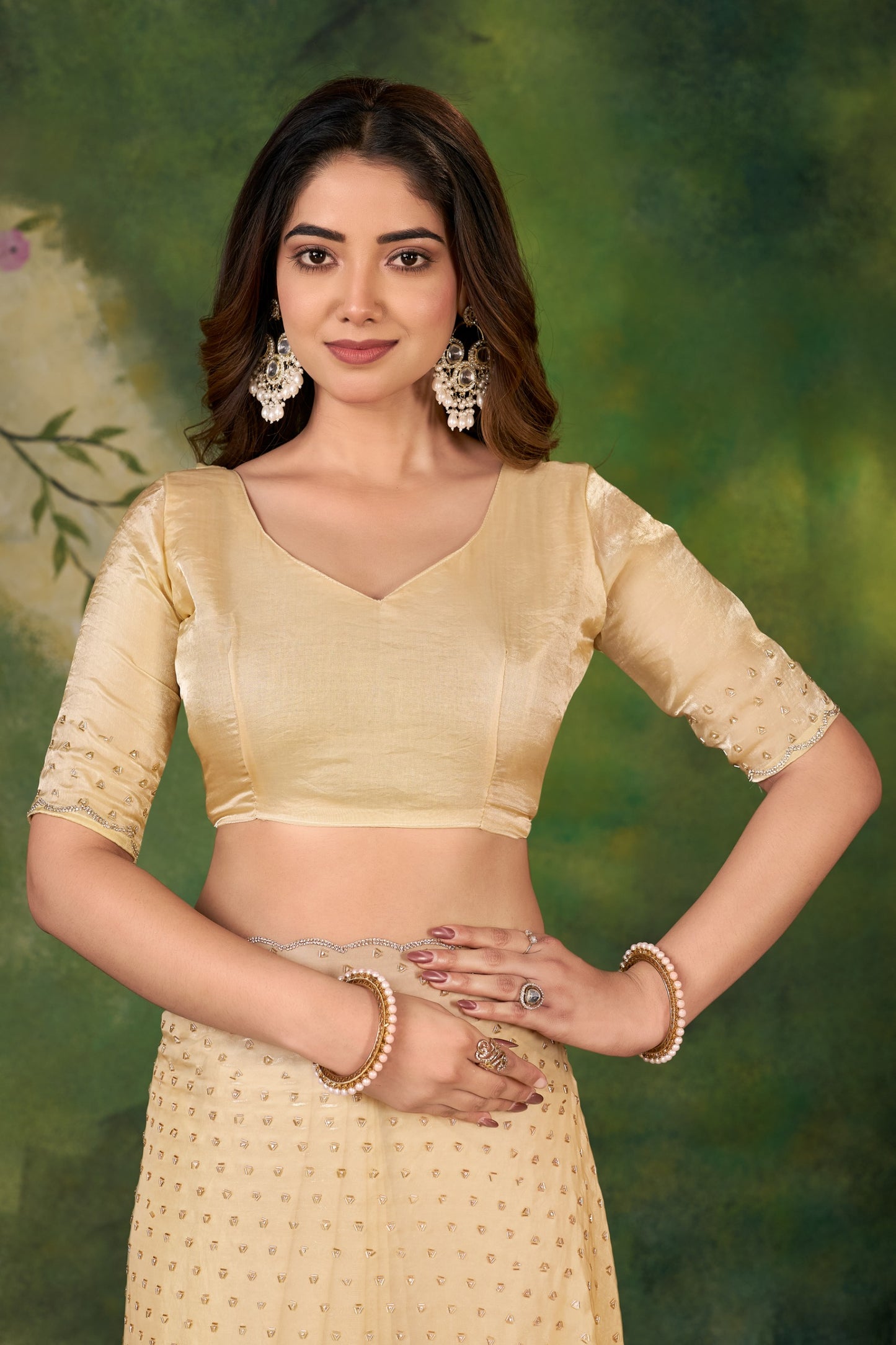 Premium Light Gold Designer Saree with Stone Work Border – Party Wear & Wedding Collection | ANGJOTI