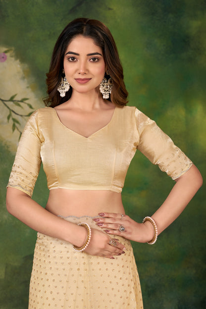 Premium Light Gold Designer Saree with Stone Work Border – Party Wear & Wedding Collection | ANGJOTI
