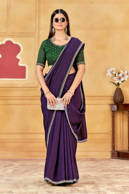Premium Purple Saree With Jarkan Embellished Border & Green Designer and Blouse(Unstitched)