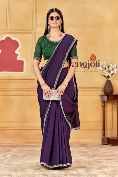 Premium Purple Saree With Jarkan Embellished Border & Green Designer and Blouse(Unstitched)