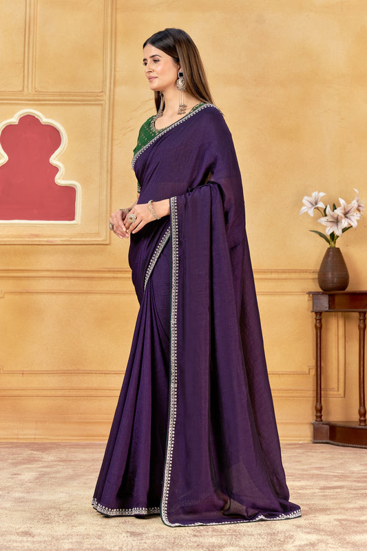 Premium Purple Saree With Jarkan Embellished Border & Green Designer and Blouse(Unstitched)