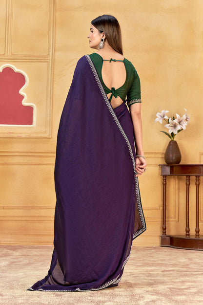 Premium Purple Saree With Jarkan Embellished Border & Green Designer and Blouse(Unstitched)