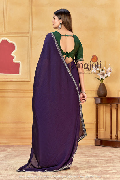 Premium Purple Saree With Jarkan Embellished Border & Green Designer and Blouse(Unstitched)