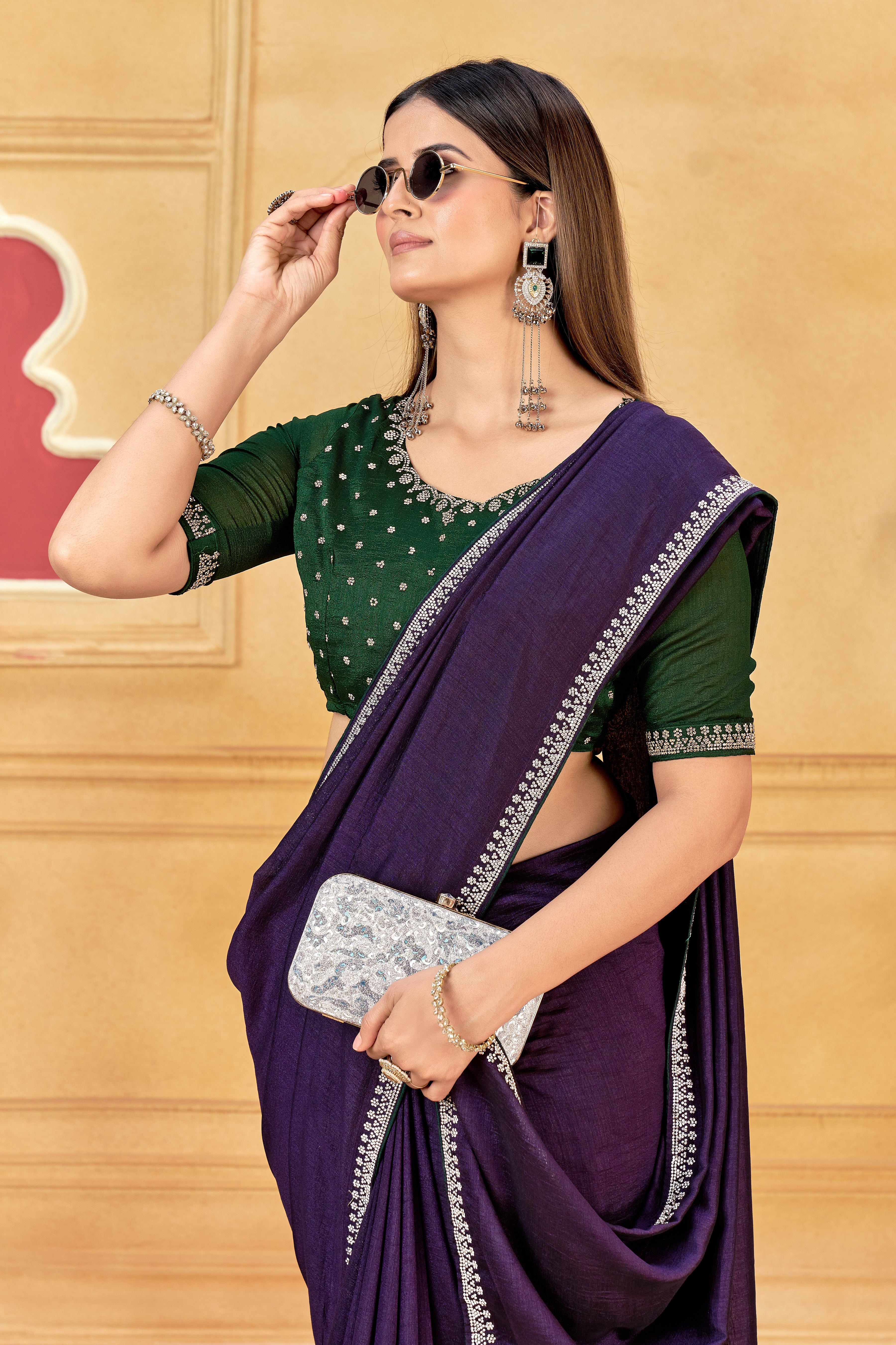 Premium Silk Purple Saree With Jarkan Embellished Border & Green Designer and Unstitched Blouse