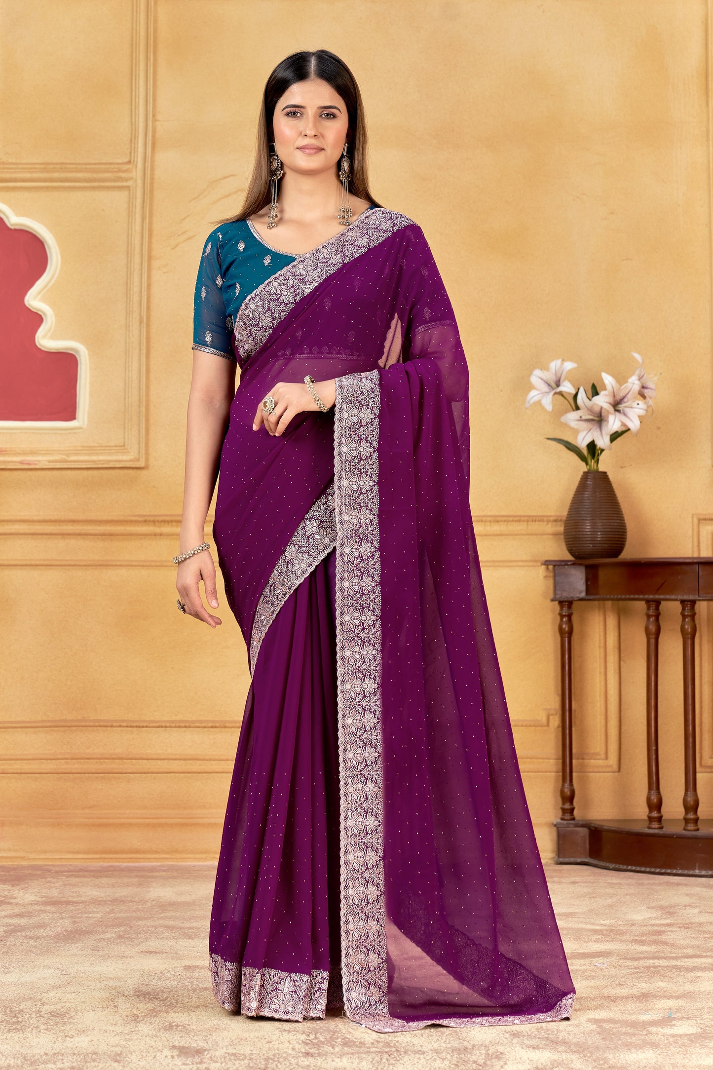 Royal Purple Designer Saree With Silver Embroidered Work Border & Blouse(Unstitched) – Partywear Soft Georgette Saree