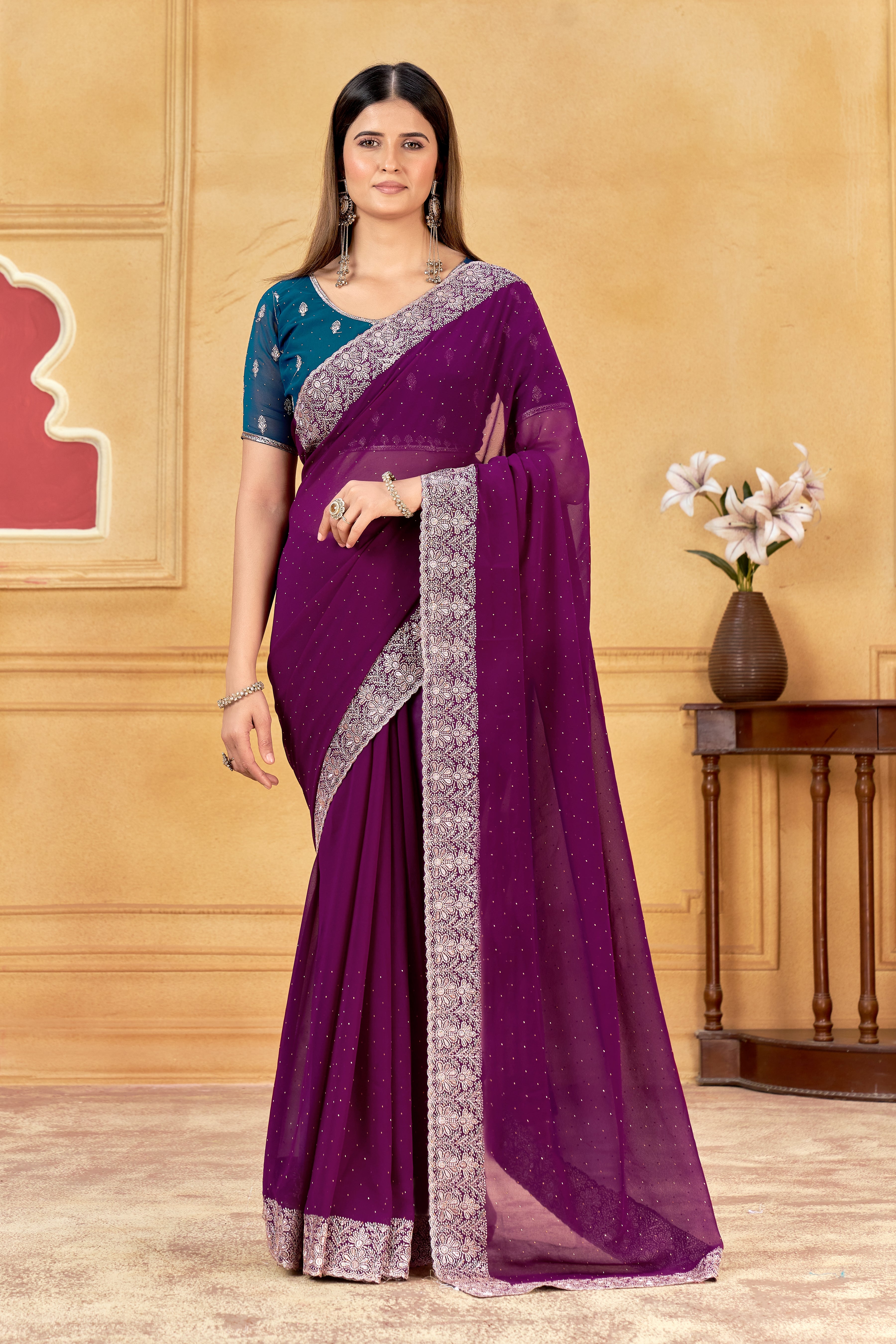 Royal Purple Designer Saree With Silver Embroidered Work Border & Unstitched Blouse – South Indian Partywear Soft Georgette Saree