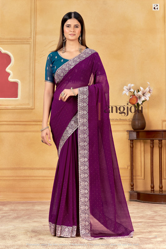 Royal Purple Designer Saree With Silver Embroidered Work Border & Blouse(Unstitched) – Partywear Soft Georgette Saree