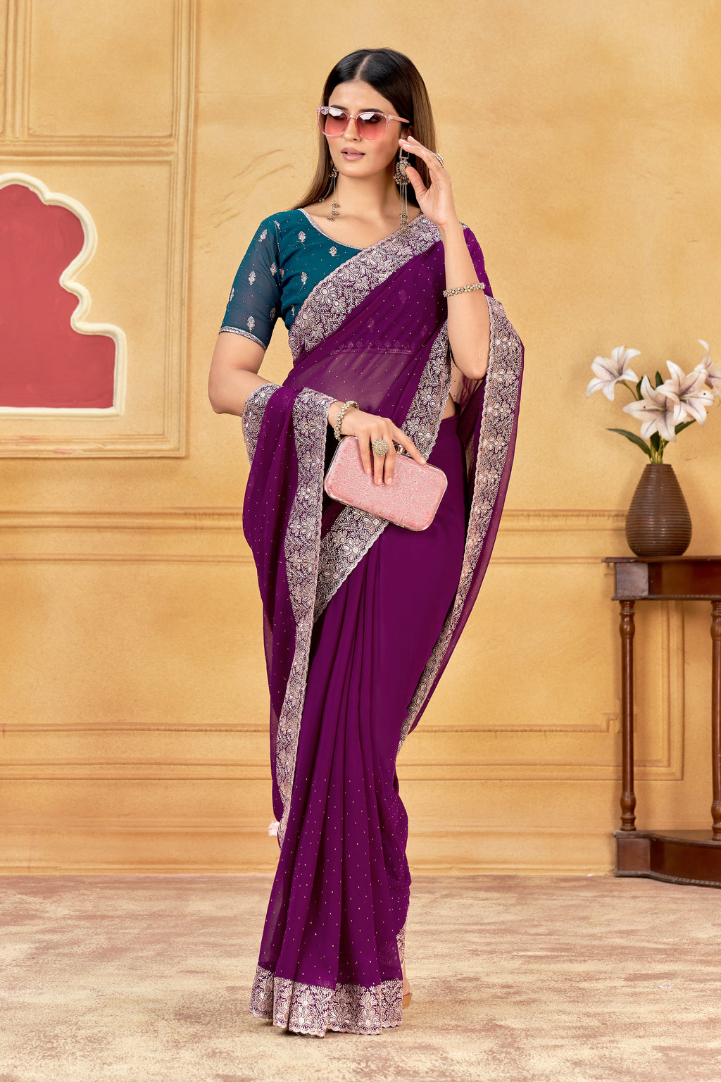 Royal Purple Designer Saree With Silver Embroidered Work Border & Unstitched Blouse – South Indian Partywear Soft Georgette Saree