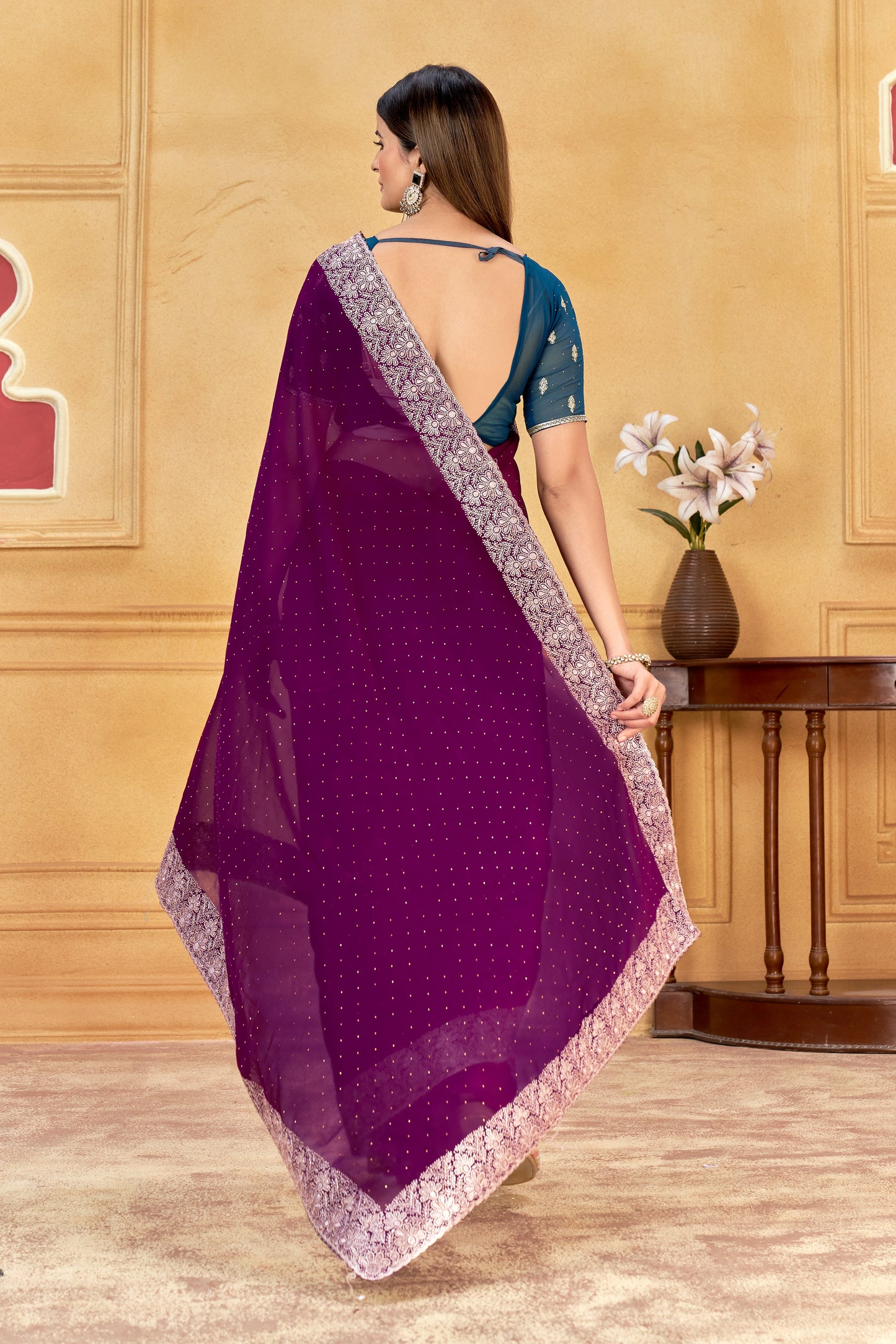 Royal Purple Designer Saree With Silver Embroidered Work Border & Blouse(Unstitched) – Partywear Soft Georgette Saree