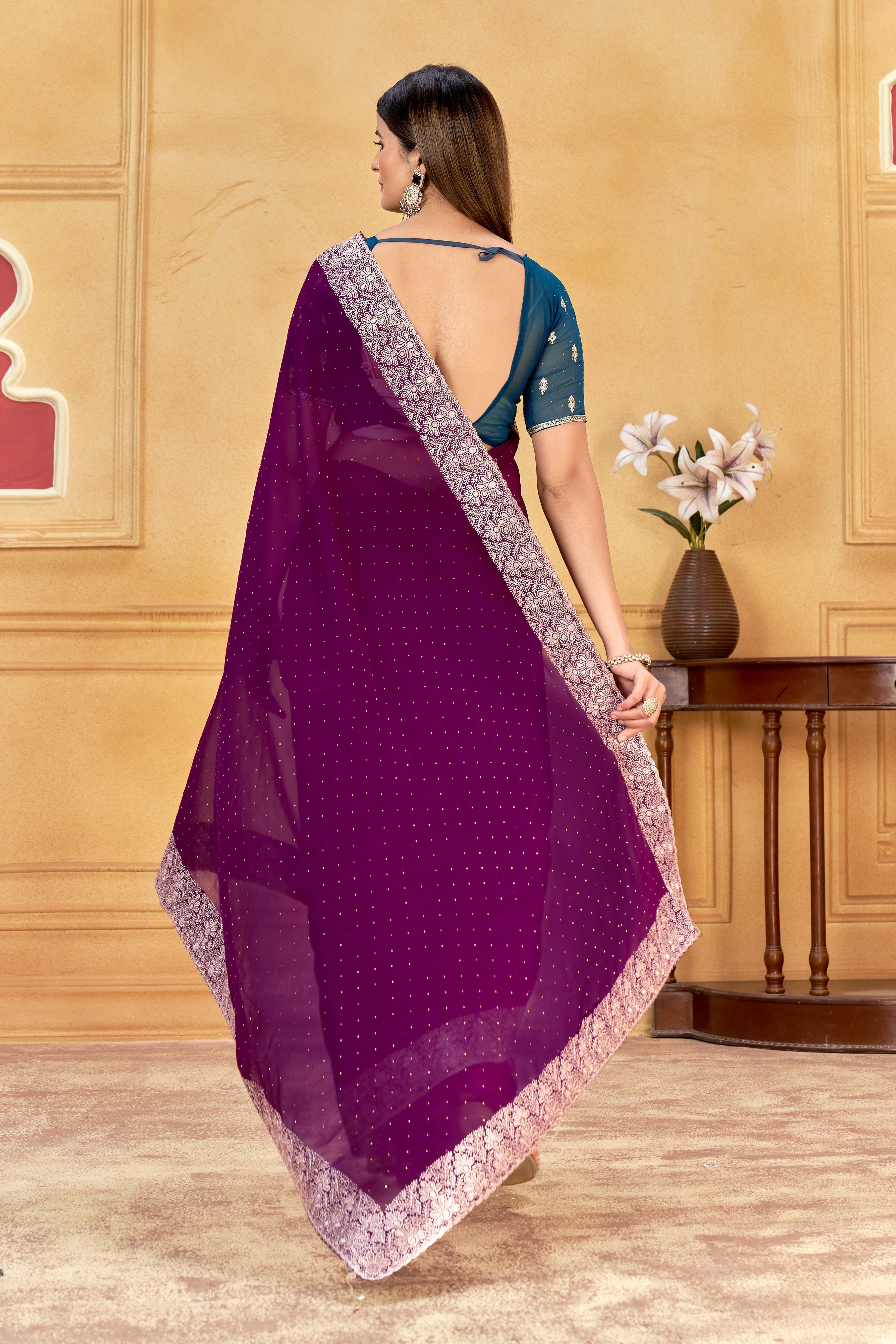 Royal Purple Designer Saree With Silver Embroidered Work Border & Unstitched Blouse – South Indian Partywear Soft Georgette Saree