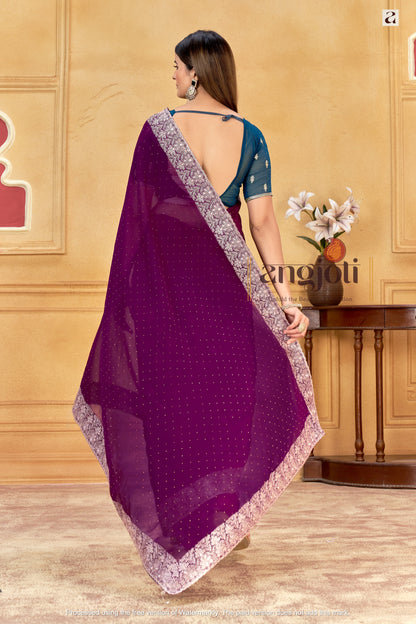 Royal Purple Designer Saree With Silver Embroidered Work Border & Blouse(Unstitched) – Partywear Soft Georgette Saree