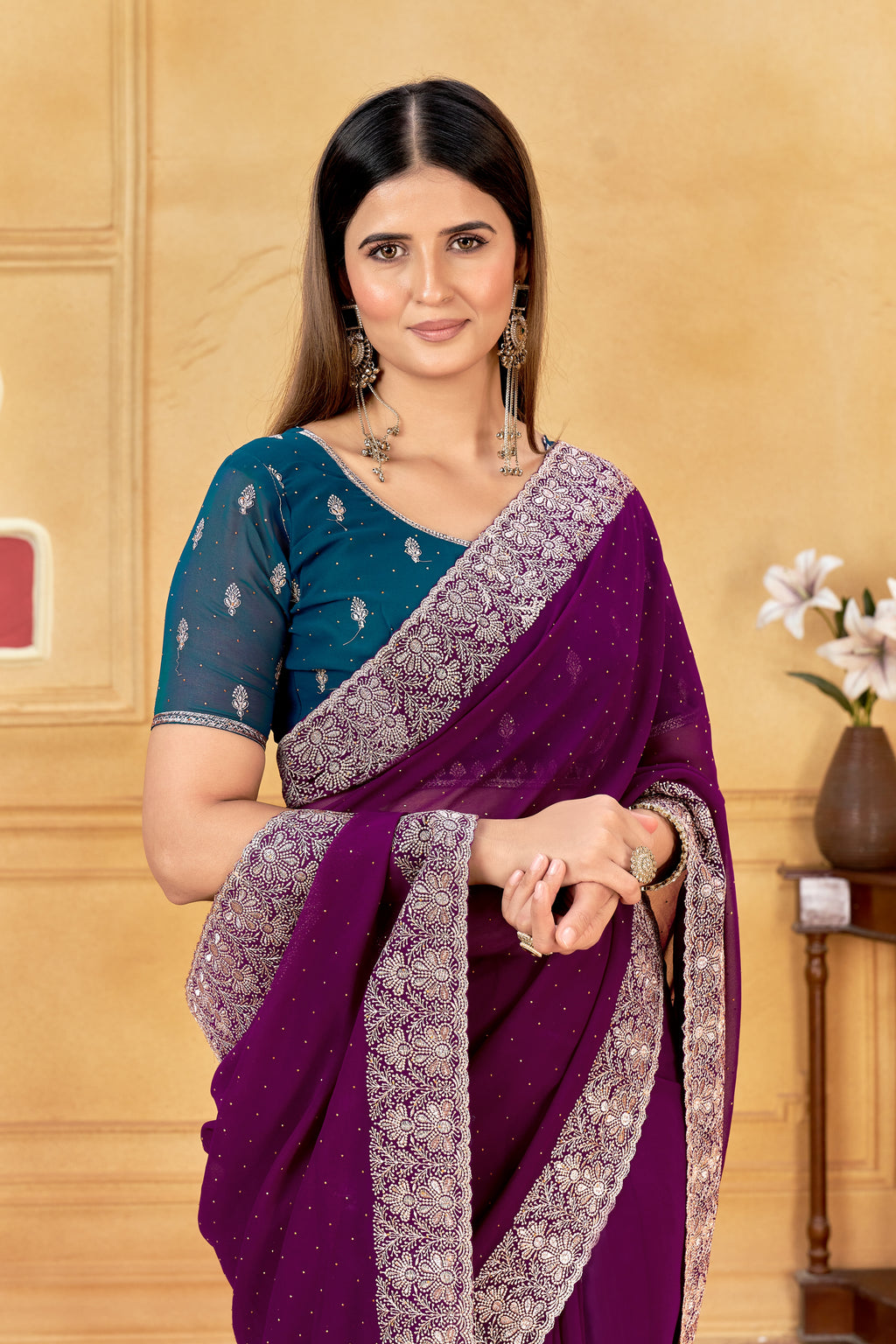 Royal Purple Designer Saree With Silver Embroidered Work Border & Unstitched Blouse – South Indian Partywear Soft Georgette Saree