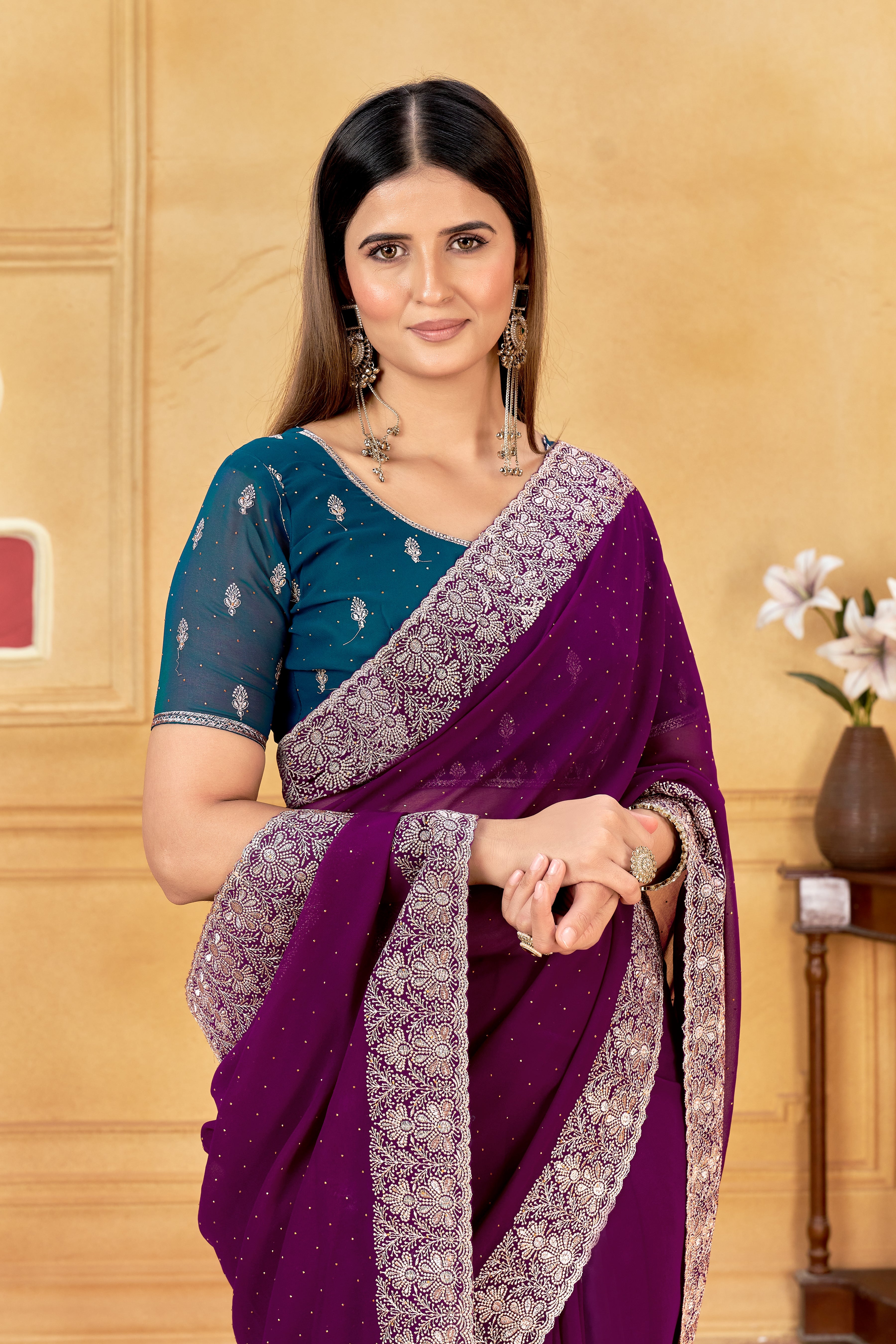 Royal Purple Designer Saree With Silver Embroidered Work Border & Unstitched Blouse – South Indian Partywear Soft Georgette Saree