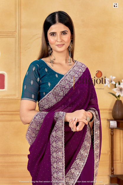 Royal Purple Designer Saree With Silver Embroidered Work Border & Blouse(Unstitched) – Partywear Soft Georgette Saree
