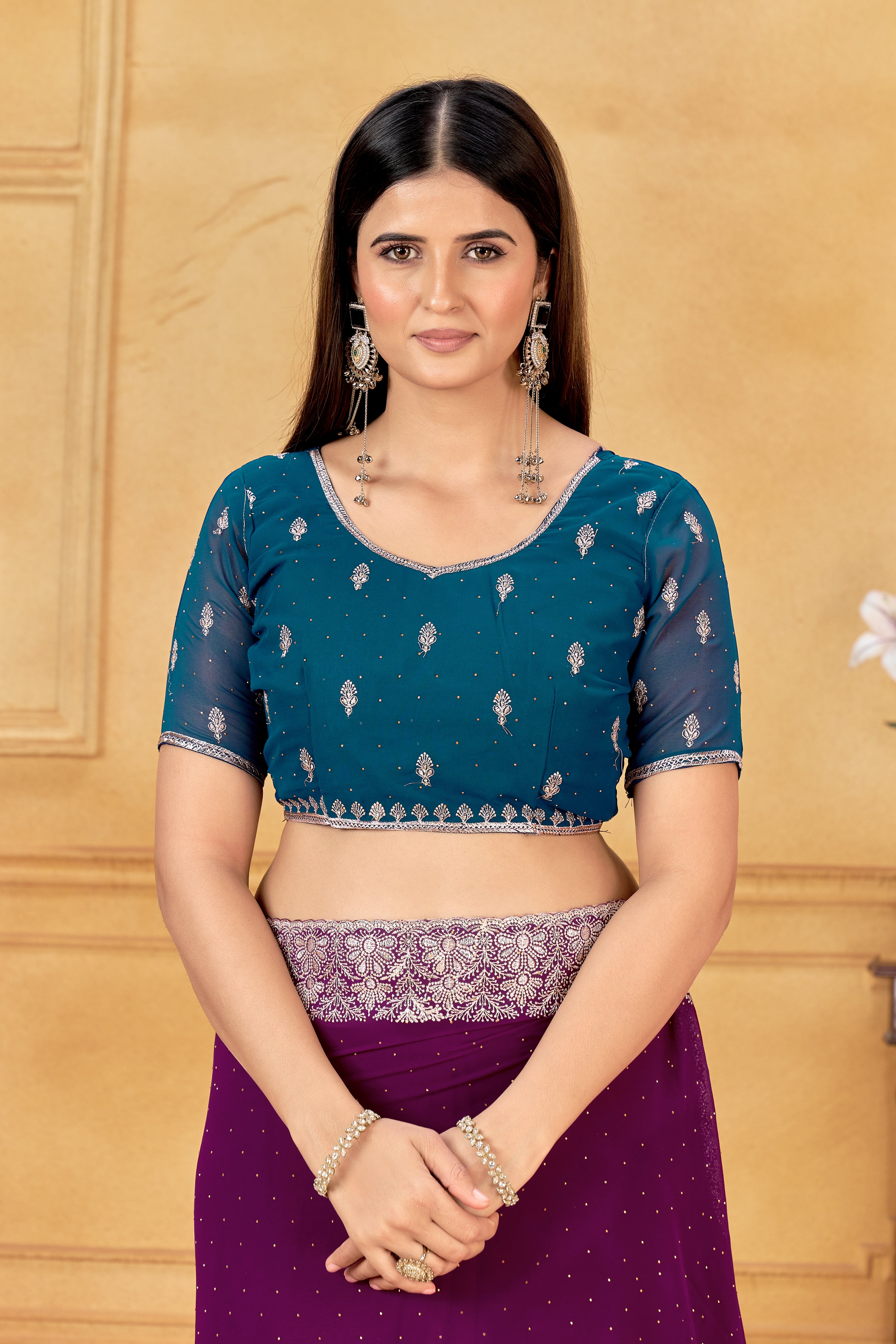 Royal Purple Designer Saree With Silver Embroidered Work Border & Unstitched Blouse – South Indian Partywear Soft Georgette Saree