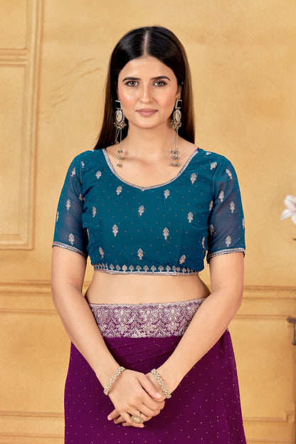 Royal Purple Designer Saree With Silver Embroidered Work Border & Blouse(Unstitched) – Partywear Soft Georgette Saree