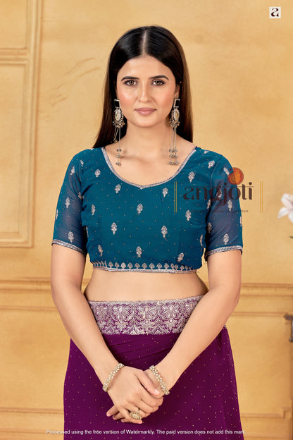 Royal Purple Designer Saree With Silver Embroidered Work Border & Blouse(Unstitched) – Partywear Soft Georgette Saree