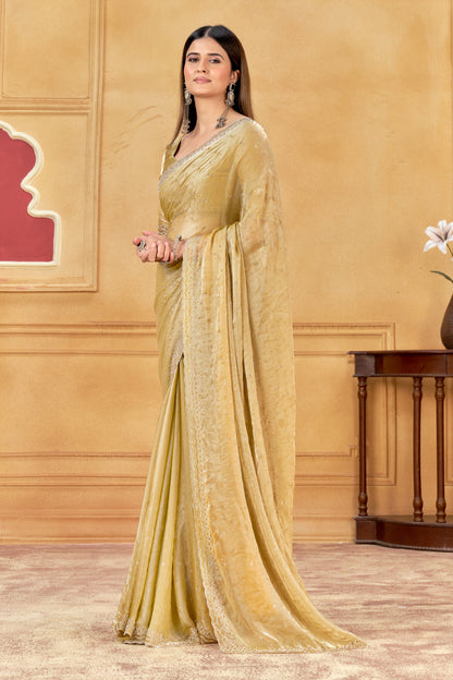 Premium Gold Jarkan Border Saree With Blouse (Unstitched)