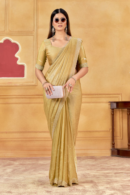 Premium Gold Jarkan Border Saree With Blouse (Unstitched)