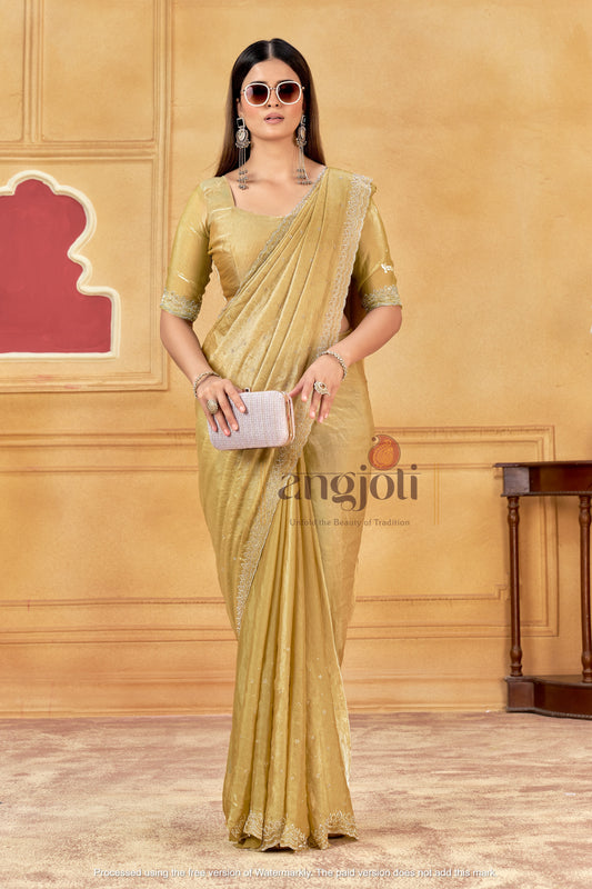 Premium Gold Jarkan Border Saree With Blouse (Unstitched)