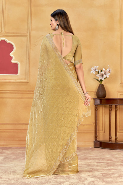 Premium Gold Jarkan Border Saree With Blouse (Unstitched)