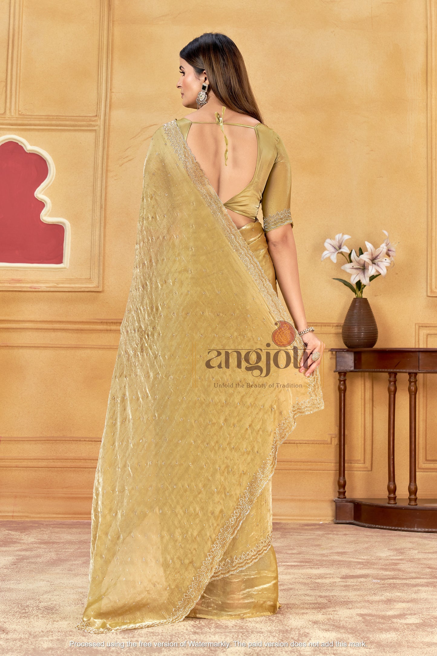 Premium Gold Jarkan Border Saree With Blouse (Unstitched)