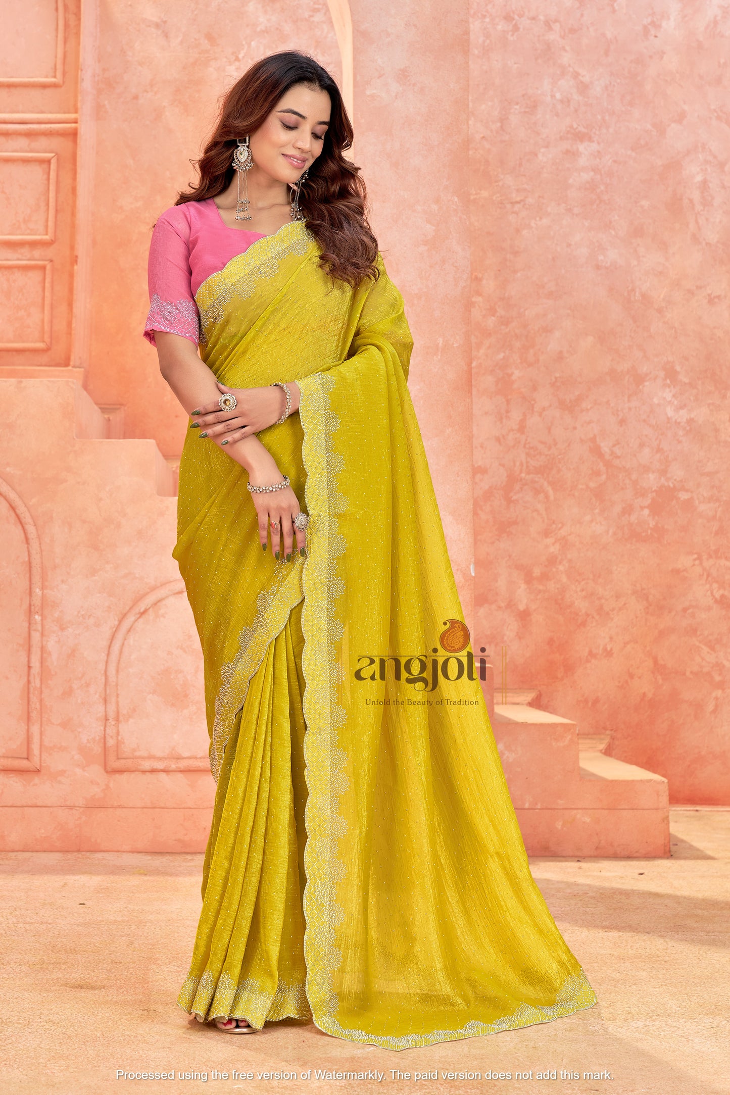 Premium South Indian Designer Border Saree – Lime Yellow with Pink Blouse(Unstitched