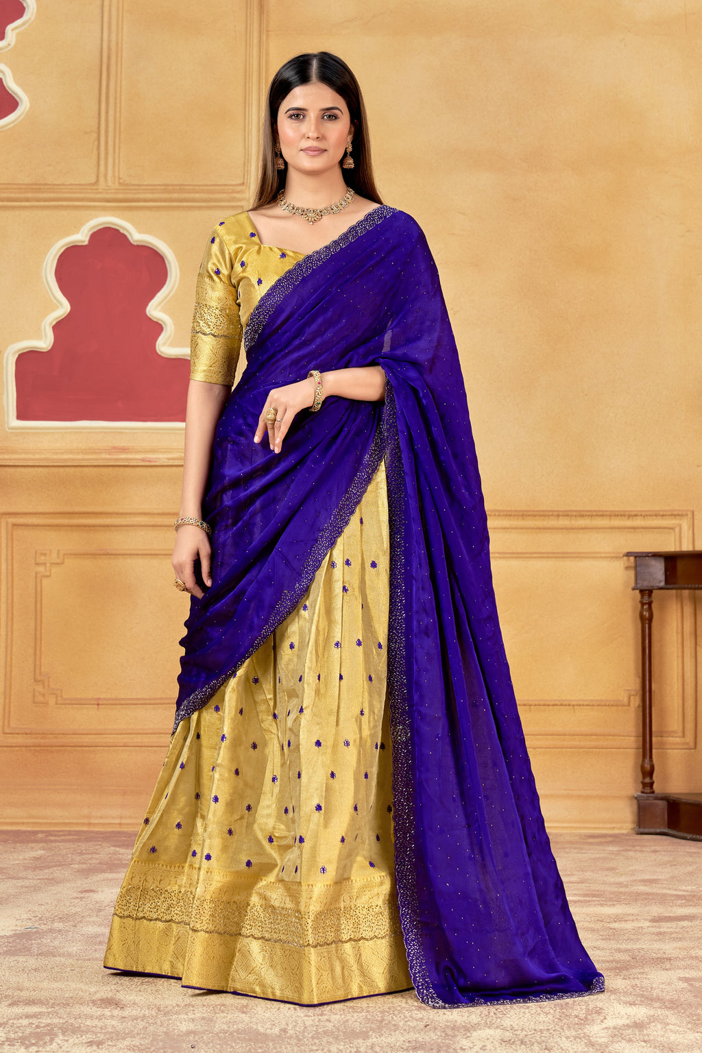 Royal Blue & Golden Designer Banarasi Silk and Jarkan Lehenga Choli with Jarkan Dupatta