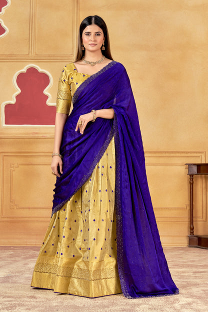 Royal Blue & Golden Designer Banarasi Silk and Jarkan Lehenga Choli with Jarkan Dupatta & Blouse (Unstitched)